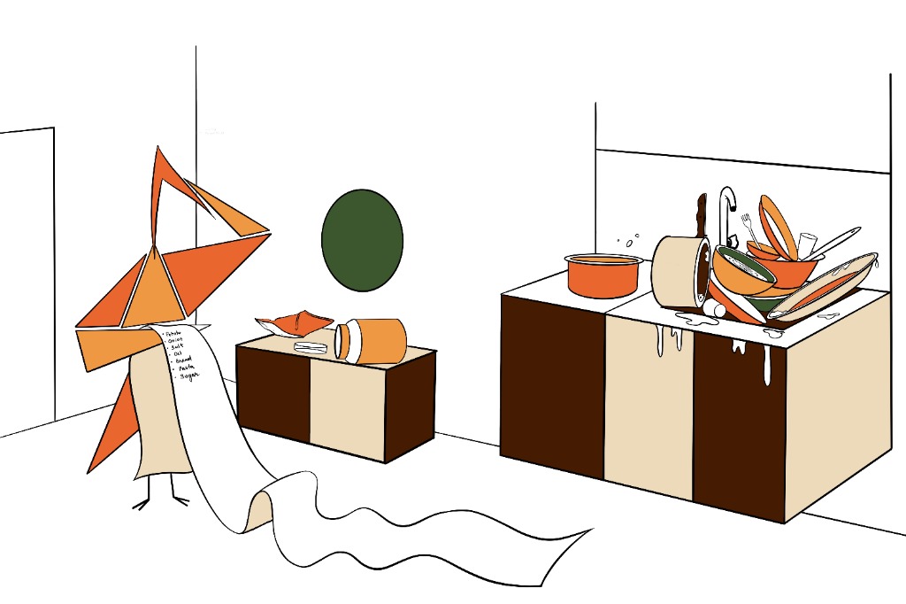 Origami bird holding a long grocery list next to a kitchen counter with dirty dishes