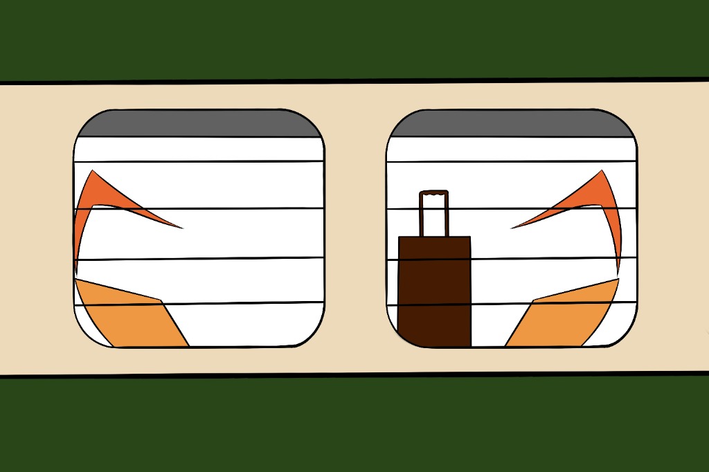 Origami bird looking out of train windows next to travel luggage